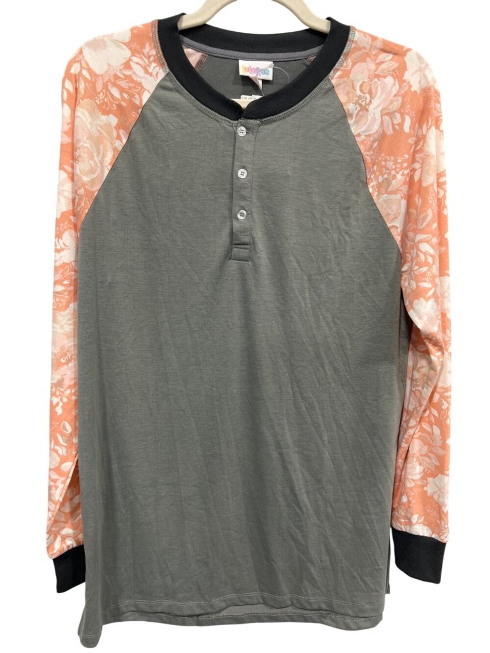 Lularoe Henley Shirt Small  Floral Raglan Sleeve Colorblock Gray Coral NEW